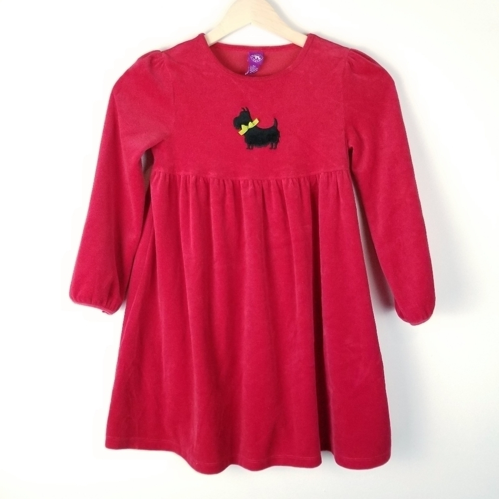 JK Girls 6X Red Velvet long Sleeve Dress Scottie Dog Holiday Christmas‎